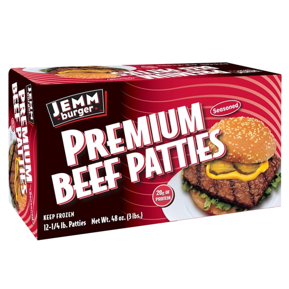 Jemmburger Frozen Beef Burger Patties, Premium Seasoned, Quarter Pound Patties, 12 Count, 3 lb Box