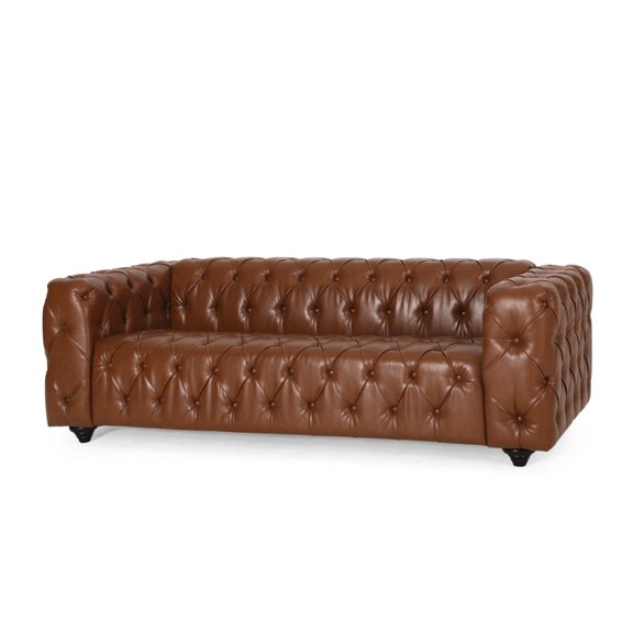 GDF Studio Marengo Contemporary Tufted 3 Seater Sofa, Cognac Brown Faux Leather and Dark Brown