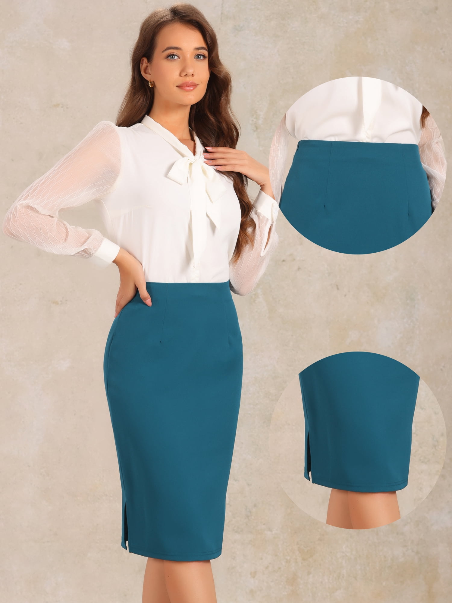 DARING DIVA Women's Knee Length High Waist Bodycon Suit Skirt M Blue Green