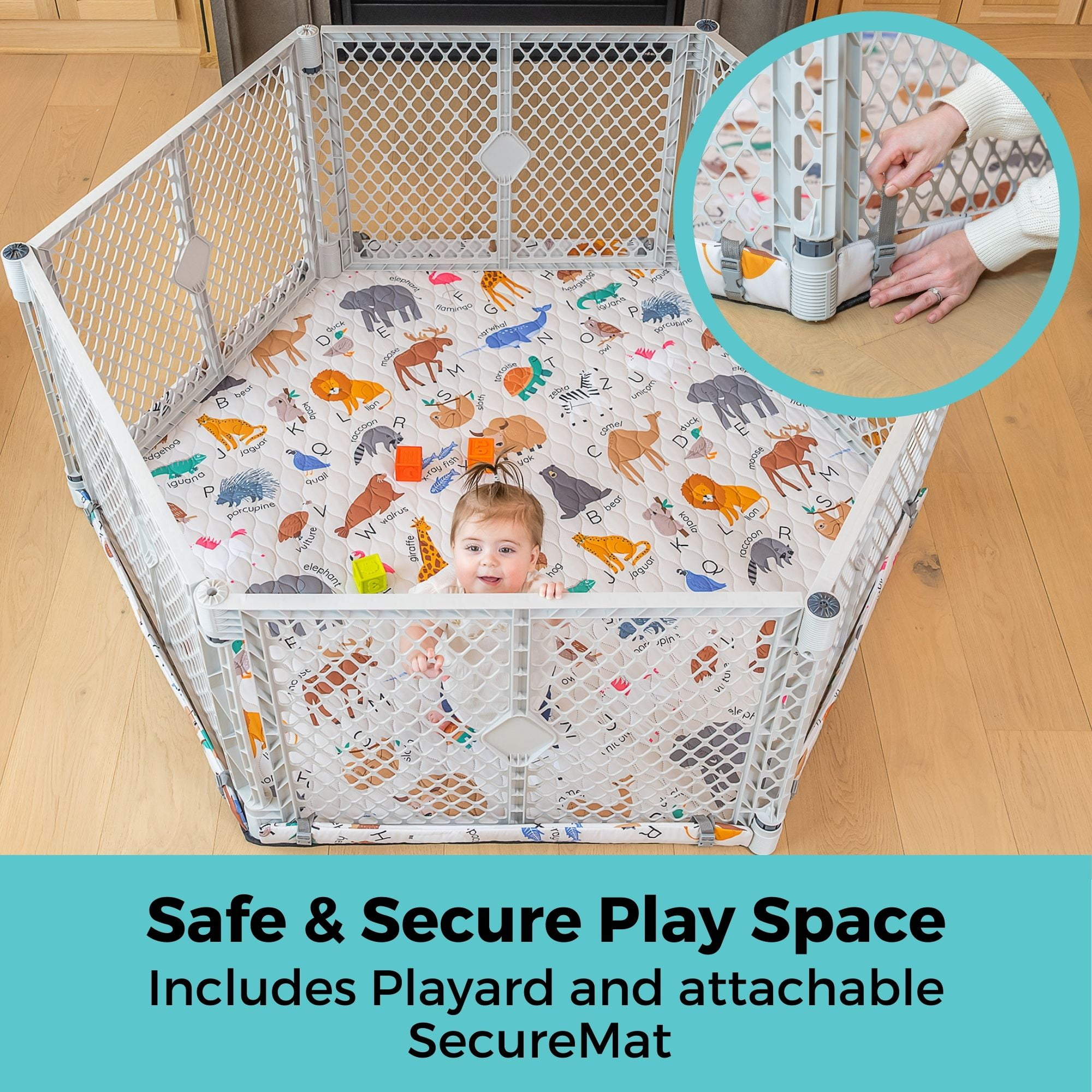 Toddleroo by North States 6-Panel Superyard Nook with SecureMat, Animal ABC, Light Gray