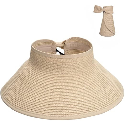 Viseras solares de paja plegables para mujeres, Sun Protecetion Sombreros de sol de ala ancha Sombrero de playa topless ajustable (Beige) brillar Electrónica