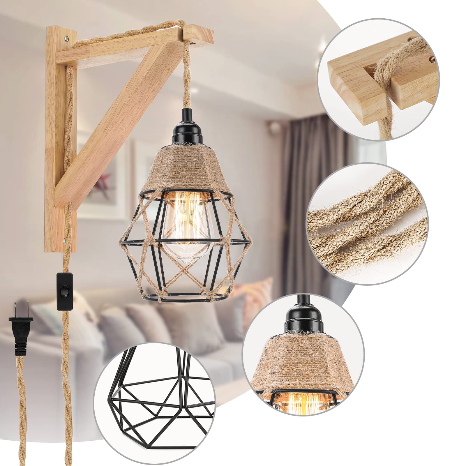 FRIDEKO HOME Plug in Wall Sconces Set of 2, Wood Light Fixtures Industrial Farmhouse Wall Lamps with 8.2 FT on/off Switch Cord, Indoor Metal Cage Wall Lights for Living Room (No Bulbs Included)
