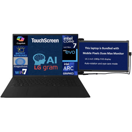 LG gram AI Powered Laptop 17.0in Touchscreen LCD WQXGA Display (Intel Ultra 7-258V, 32GB LPDDR5X, 1TB PCIe SSD, Intel Arc, Backlit KB, Fingerprint, 2 Thunderbolt 4, Win 11 Pro) w/Duex Max DS Monitor