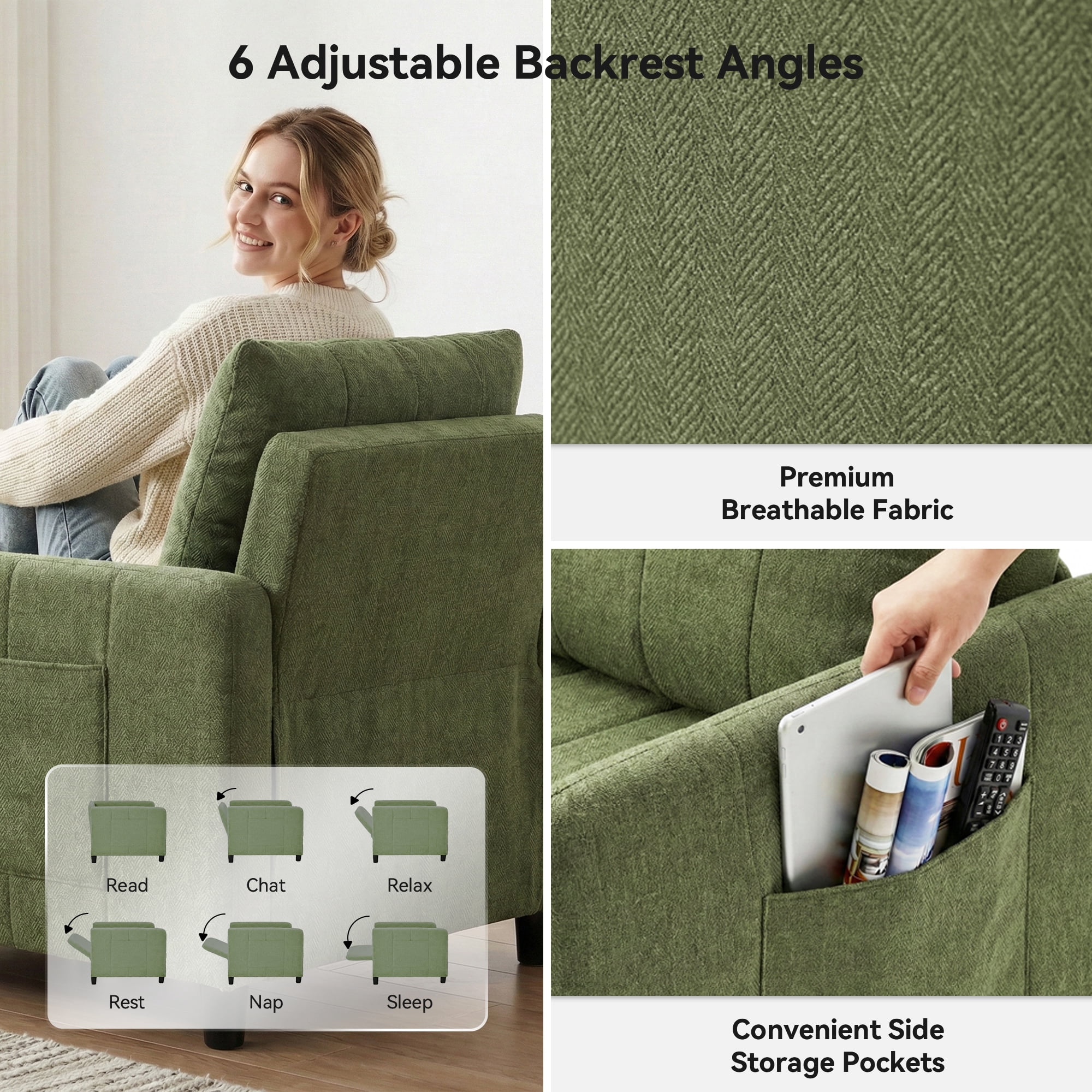 YIKEMA 4-in-1 Convertible Sleeper Chair Bed, 84 Inch Extra Long Pull Out Sofa for Tall Guests, Adjustable Backrest Lounge with Side Storage & Metal Frame, 500 lbs Capacity, Green