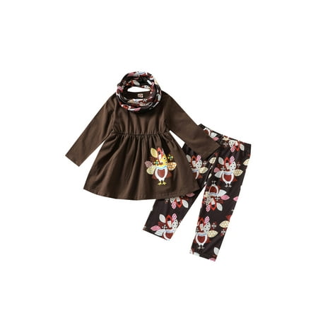 

Canis Toddler Baby Girls Thanksgiving Day Outfits Leopard Turkey Print Pullover Pants Neckerchief 3Pcs Sets Clothes