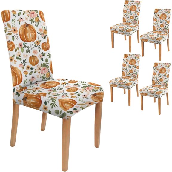 Fall Chair Covers Set of 4,Thanksgiving Dining Stretch Removable Protector,Autumn Orange Pumpkin Pink Flower Chair Back Covers Farmhouse Decor,Colorful Seat Slipcovers for Dining Room and Party