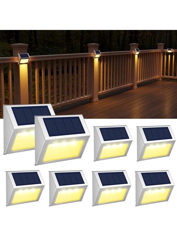 8PCS Solar Deck Lights, Solar Stair Lights, Solar Powered Outdoor Lights for Wall Step Walkway Garden, Warm White Light