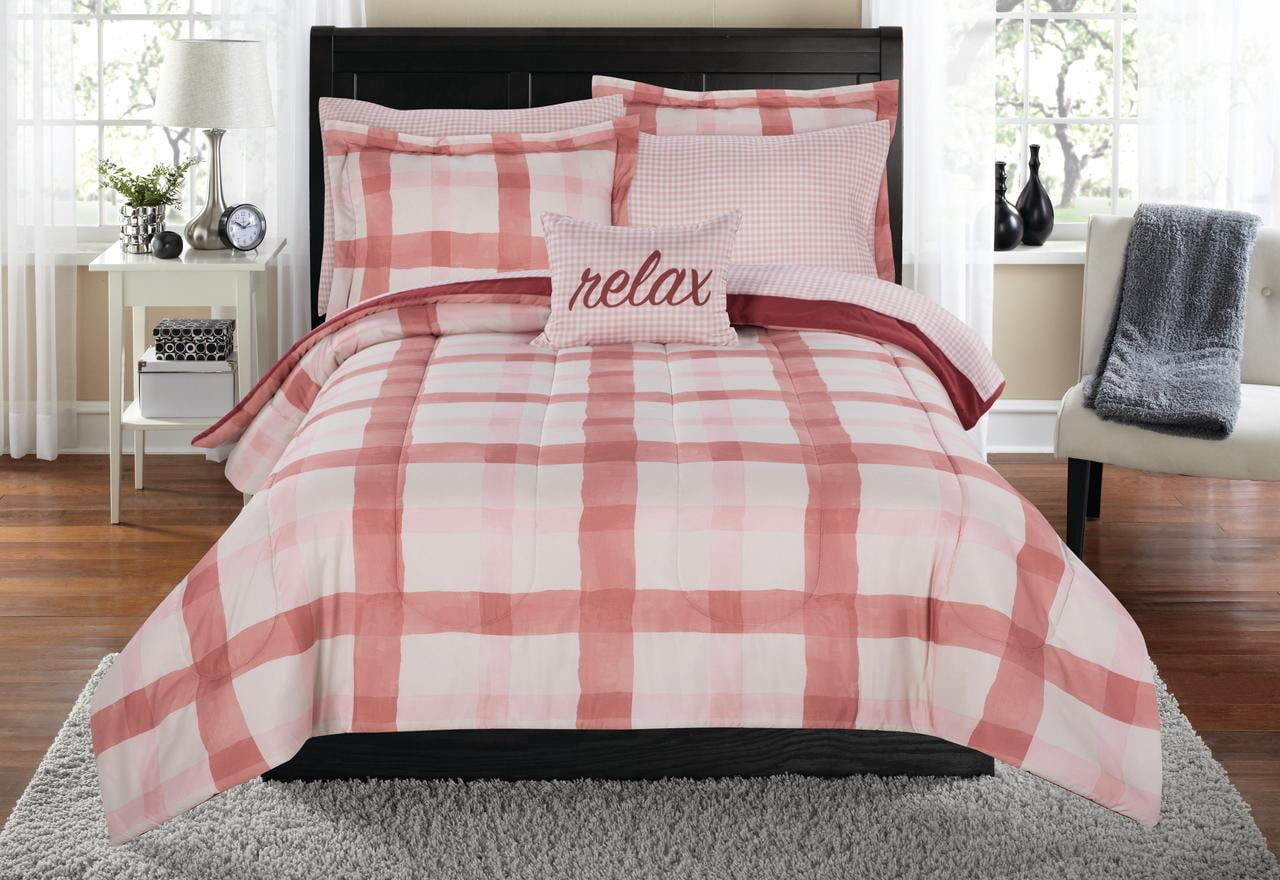 Mainstays Watercolor Plaid Terracotta 6Piece Bed in a Bag Bedding Set