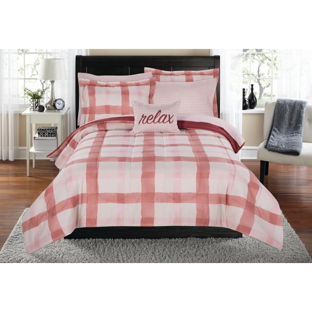 Mainstays Watercolor Plaid Terracotta 8Piece Bed in a Bag Bedding Set
