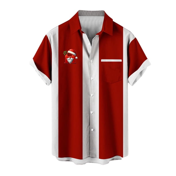Mens Manga Corta Botón Abajo Camisas, Cuello de Vuelta Navidad Impresa Blusa, Top de Moda Casual