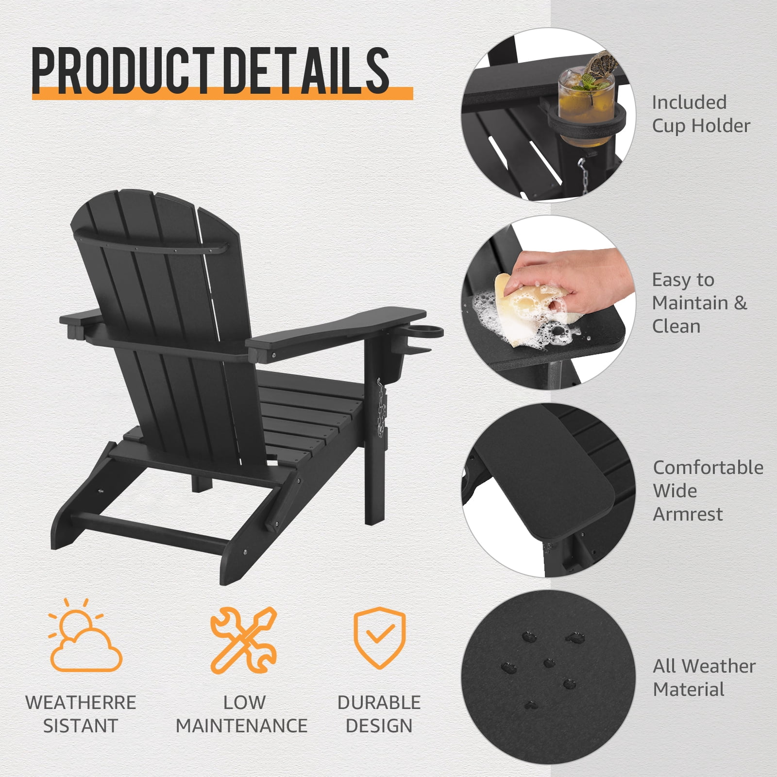 Folding Adirondack Chairs, Patio Chairs, Lawn Chairs, Outdoor Chair, Adirondack Chair Plastic, Fire Pit, Weather Resistant with Cup Holder for Deck, Backyard, Garden(Black)