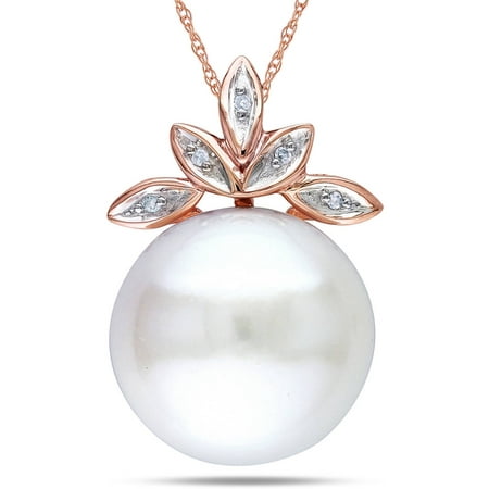 Baroque Pearl Pendant - Miabella 11.5-12mm White Button Cultured Freshwater Pearl and Diamond-Accent 10kt Rose Gold Flower Pendant, 17