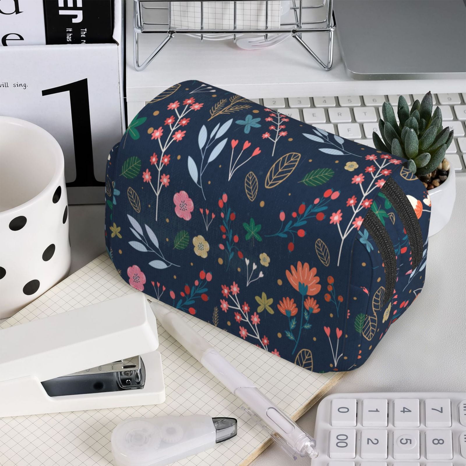 Rateoe Colorful Flowers Pattern Double Clamshell Pen Case, Storage Organizer with Two Zipper Compartments– Holds Up to 50 Pencils & Pens