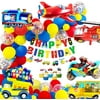 MOVINPE Transportation Birthday Decoration for Boys Happy Birthday Banner Cars School Bus Train Fire Truck Motorcycle Plane Foil Balloons Transport Vehicles Cake Topper Kids 1st