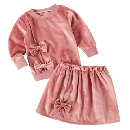 

AIMAOMI Toddler Kids Baby Girls Bow Long Sleeve Sweatshirt Tops Skirts 2PCS Outfits Clothes Set H