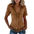 thumbnail image 2 of ClodeEU Women's Collared V Neck Short Sleeve Fringe Hem Button Down Blouse,Slim Fitted Casual Shirt Top Coffee,Women's Plus L, 2 of 5