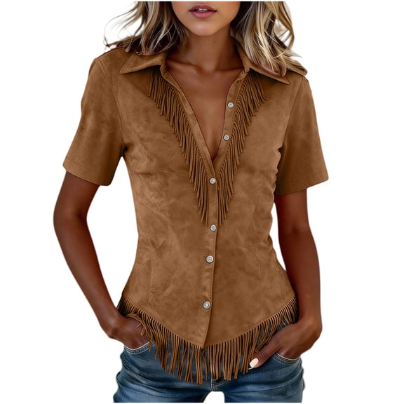 Hurxie Women's Vintage Western Cowgirl Suede Shirts Long Sleeve Button Down Slim Fit Fringe Shirts Tops Coffee,L