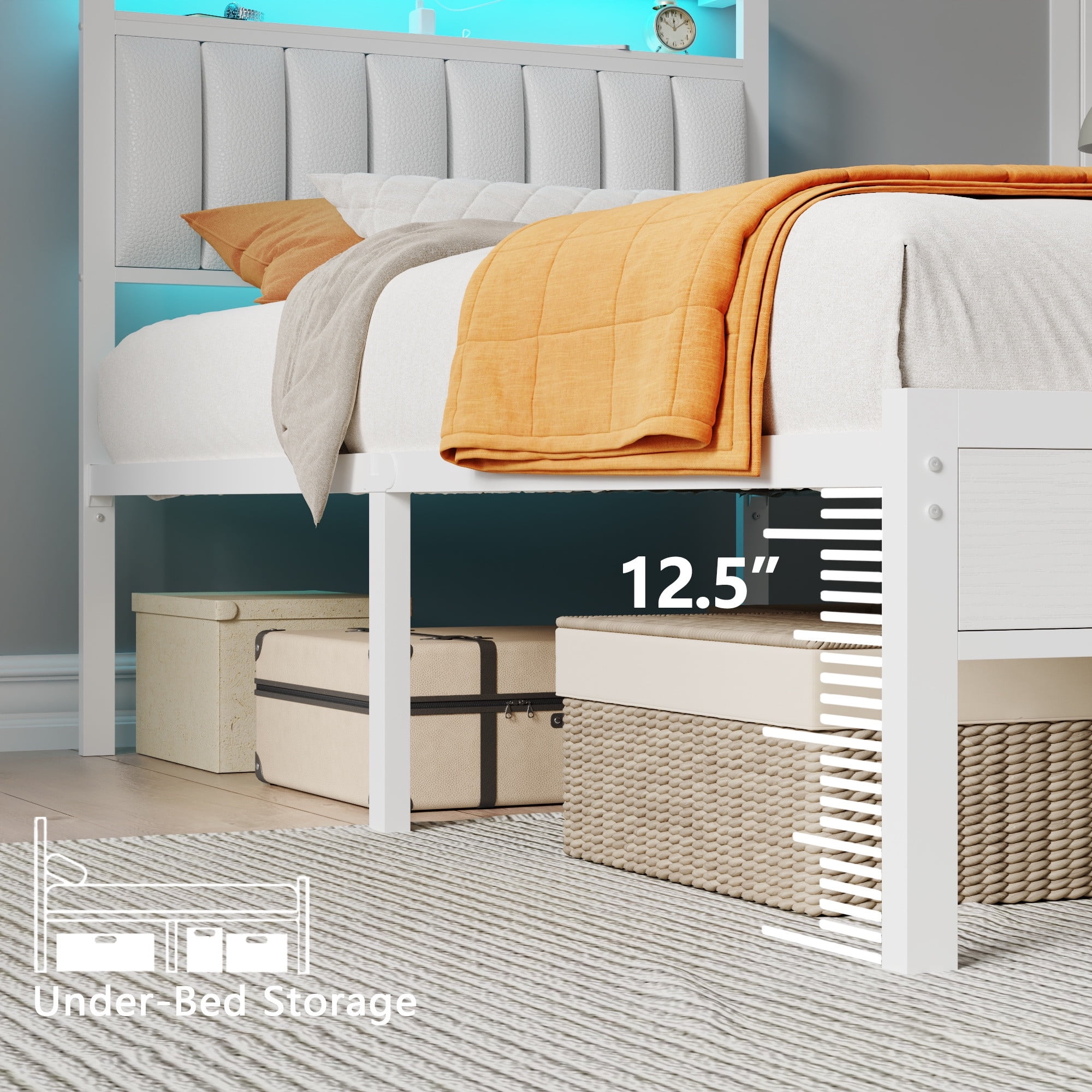 Satifur Twin Bed Frames with LED Lights & Charging Station, Platform Bed with Metal Slats, Headboard with 2-Tier Storage Shelves, No Box Spring Needed, White