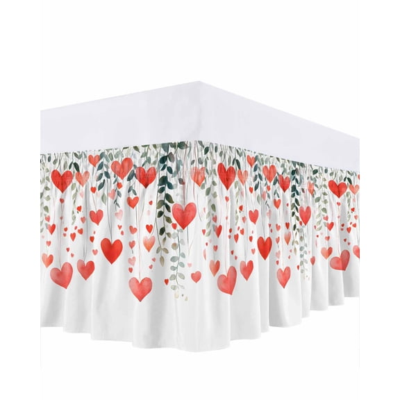 Valentine's Day Bed Skirt Queen Size 16 Inch Drop, Love Heart Adjustable Elastic Dust Ruffles Bedskirt for Queen Bed Wrap Around Pleated Mattress Frame Cover