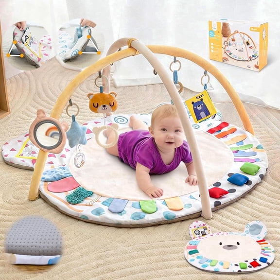 Beavtaens Baby Gym Play Mat, Large Mat with 6 Sensory Zones, 4-in-1 Tummy Time for Infants 0-18M