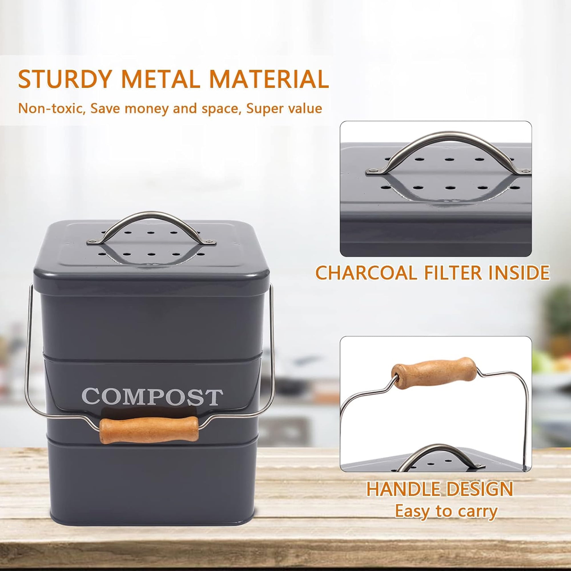 Pethiy Kitchen Compost Bin, 1 Gallon Countertop Compost Bin with Lid, Indoor Compost Bucket Includes Charcoal Filter, Small Compost Bin with Carbon Steel, Handles, Recycle Bin for Food Was
