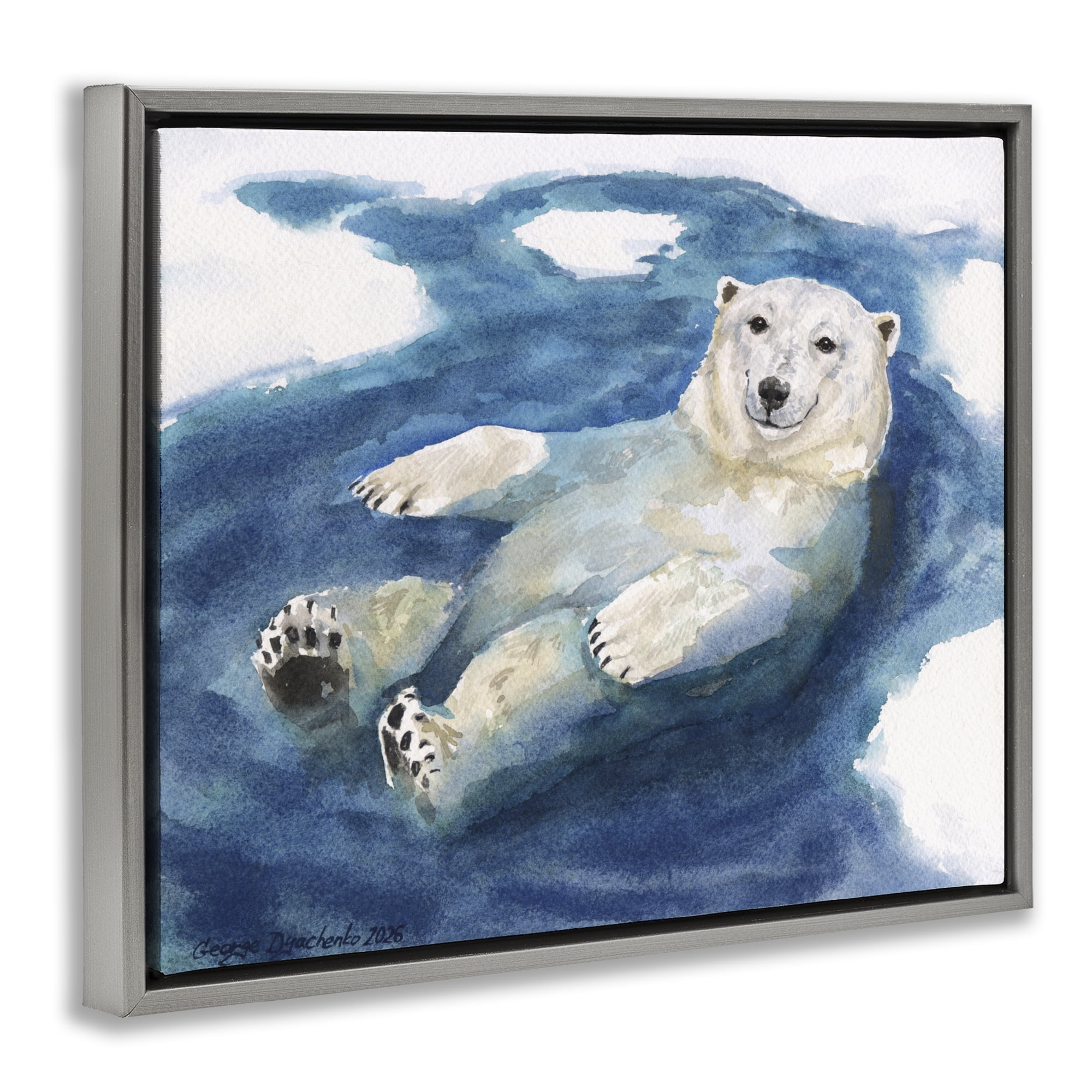 Stupell Industries Polar Bear Icy Bath Time Gray Framed Floater Canvas Wall Art, design by George Dyachenko
