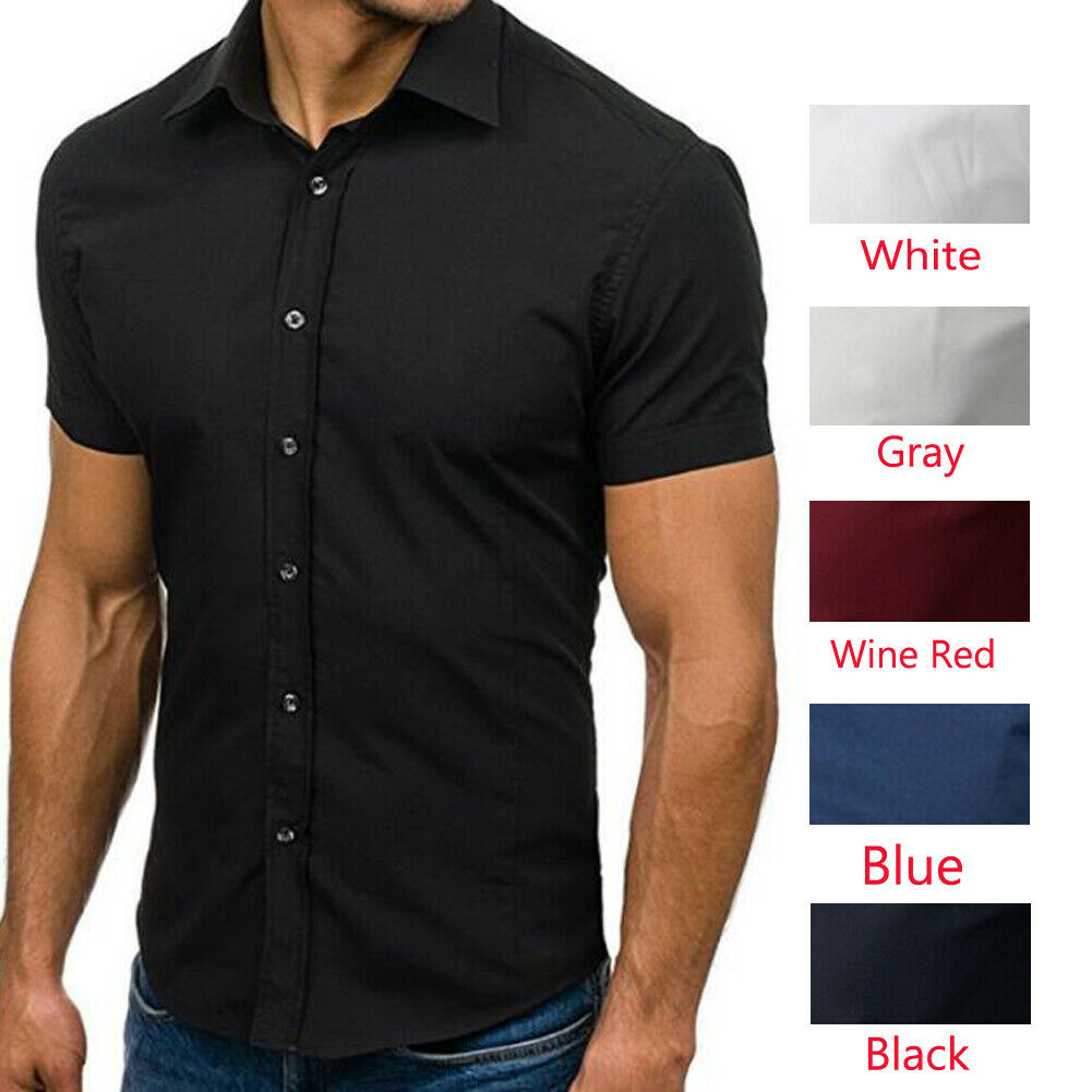 Men Short Sleeve Button Down T-shirt Tops Slim Fit Casual Dress Stylish Shirts