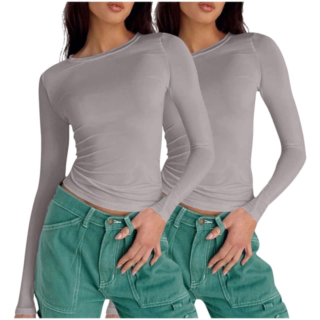cfhntfmh Womens 2 Pack Long Sleeve Shirts Basic Fall Crop Tops Slim Fit Going out Clothes Lightweight Tight Tee
