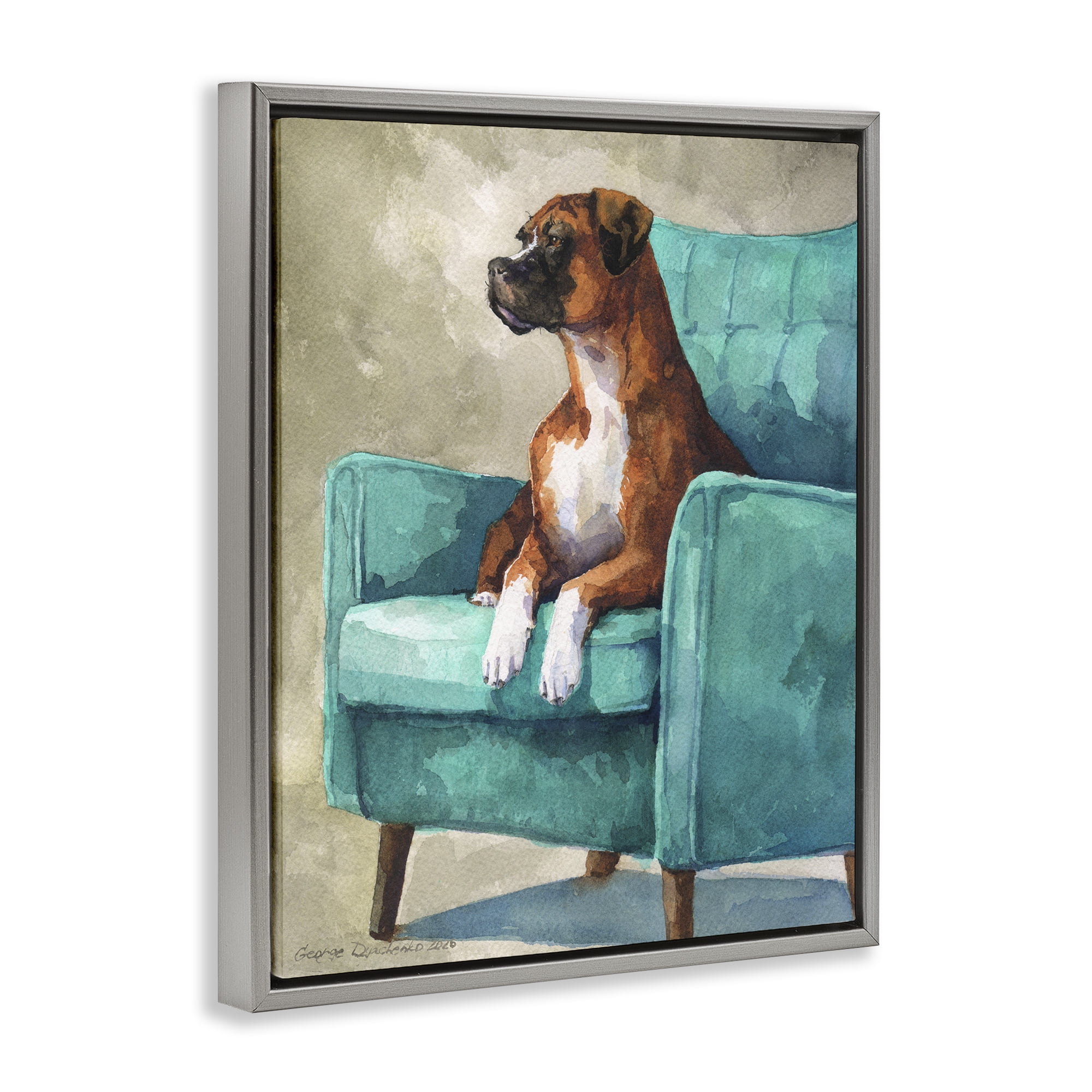 Stupell Industries Majesty Boxer on Armchair Gray Framed Floater Canvas Wall Art, design by George Dyachenko