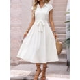 thumbnail image 4 of Women Midi Button Down Shirt Dress Collared Cap Sleeve Pleated Tie Waist Flowy Elegant Dress White S, 4 of 9