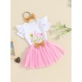 thumbnail image 3 of FEORJGP Kids Girls Summer 3 Piece Outfits 1Y 2Y 3Y 4Y 5Y Toddler White Flying Sleeve T-shirt Crew Neck Shirt Letter Print Tops Pink Tulle Skirt Headband Set Little Girl Cute Sweet Princess Clothes, 3 of 9