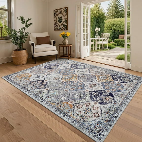 Hasoo Washable Living Room Area Rug 8x10 Large Modern Floral Soft Stain Resistant Indoor Orange/Blue Carpet