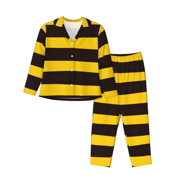 Balery Bee Stripe Conjunto de Pijama con Estampado para Mujer, Conjunto de Dos Piezas con Manga Larga, Ropa de Dormir Suave con Bolsillos, Pijamas Cómodos-X-Large