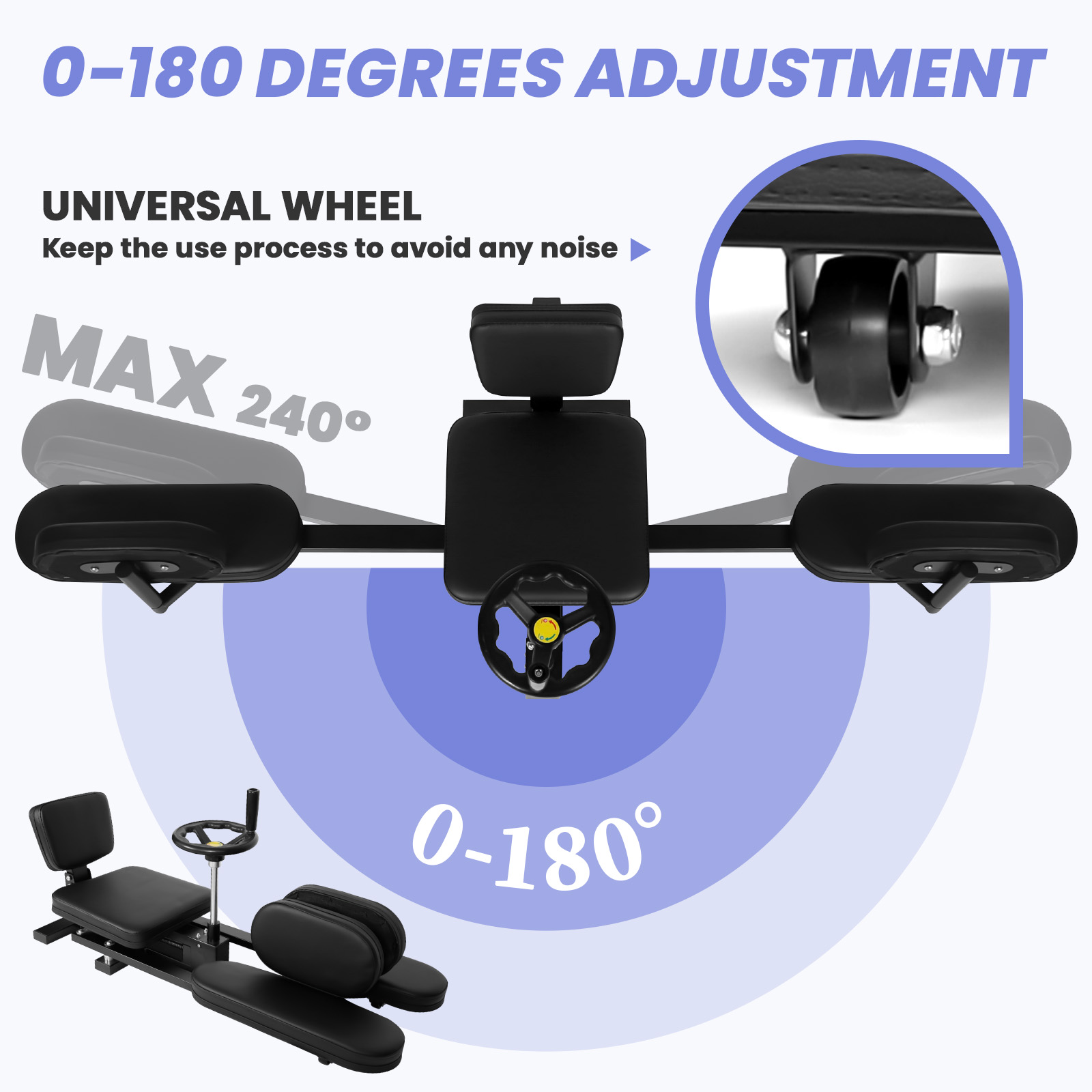 Split Machine Training Equipment with 38.5x16.5x15 Inch Size, 400 LBS Leg Stretcher Machine Black Metal Heavy Duty, Silent Wheels Split Adjustable for Fitness