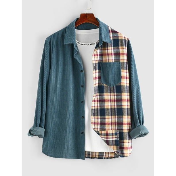 ZAFUL Men Casual Classic Style Plaid Panel Long Sleeve Corduroy
