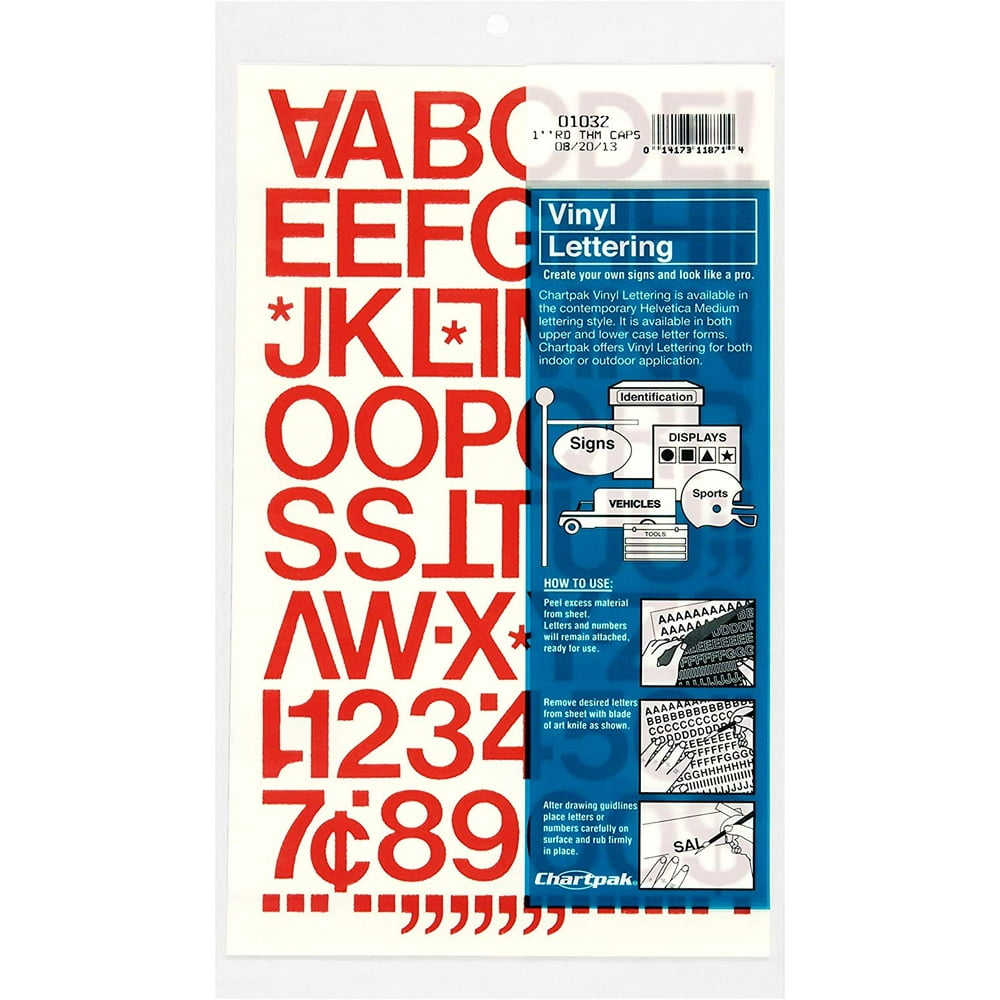 Chartpak SelfAdhesive Vinyl Capital Letters and Numbers, 1 Inch High, Red, 88 per Pack (01032