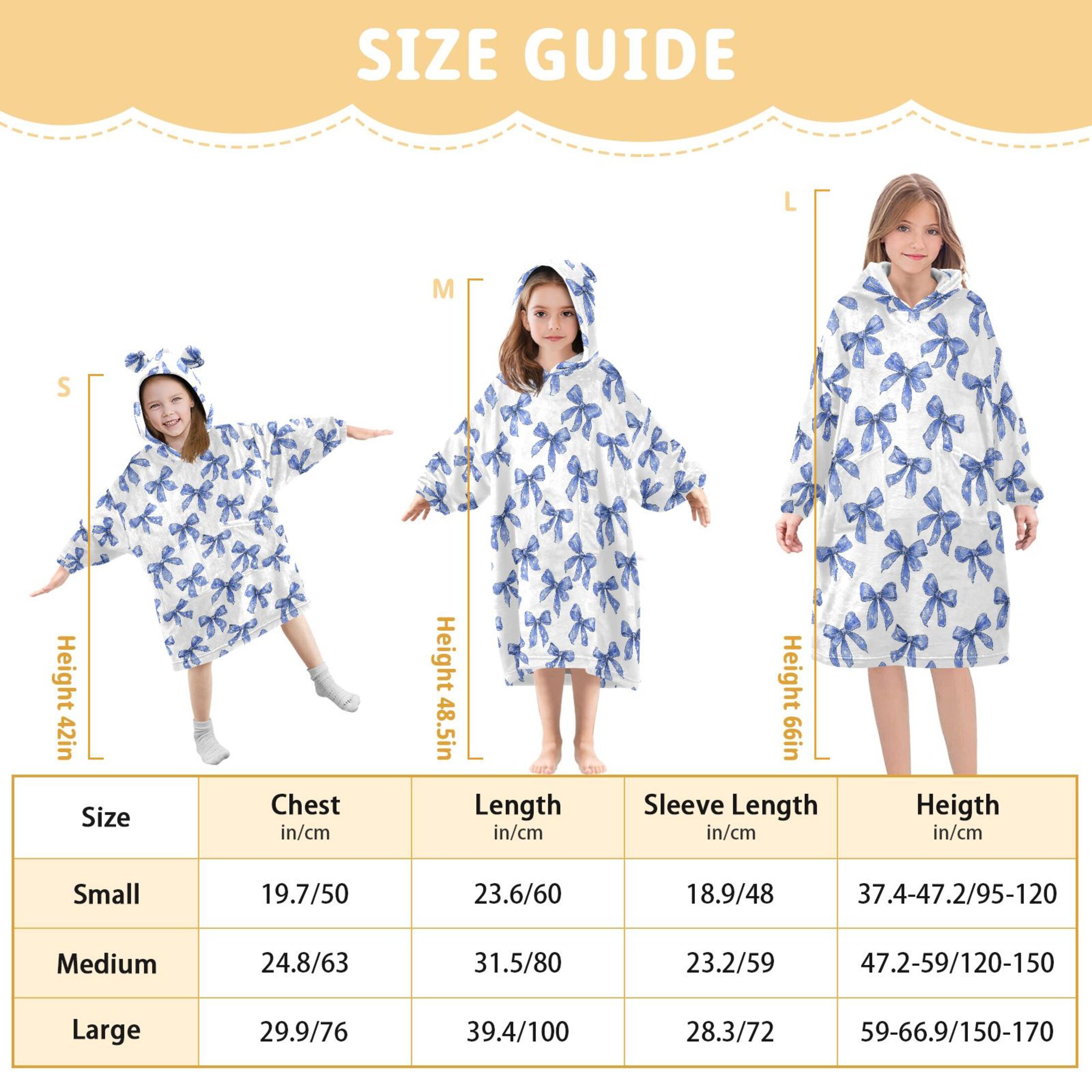 Wearable Blanket Hoodie for Kids Blue Bow Art Flannel Hooded Blanket with Pockets and Sleeves Suitable for Boys and Girls