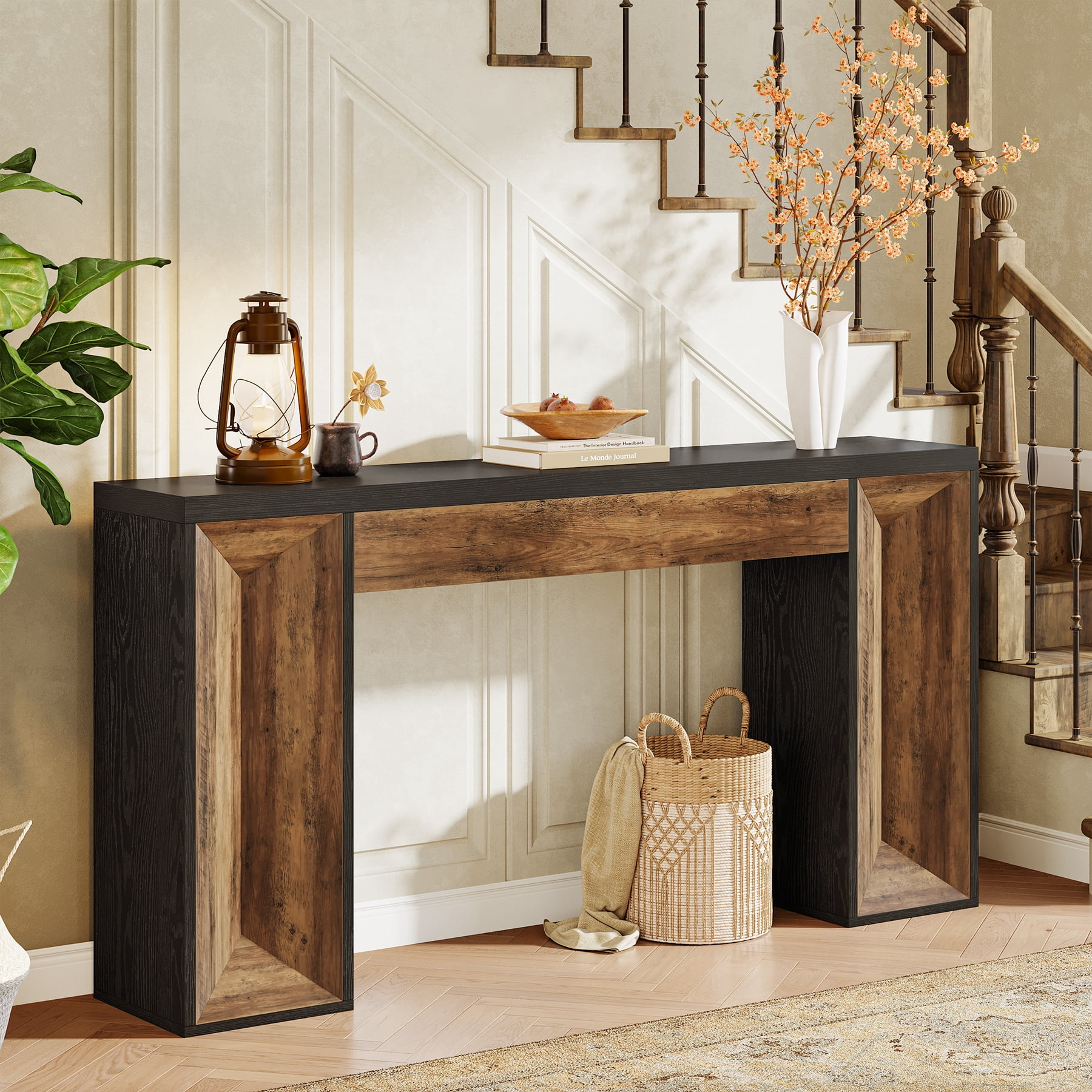 Finmind 63-inch Long Console Table for Entryway, Farmhouse Wood Foyer Table with Dual-Tone Design, Brown and Black