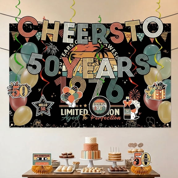 50th Birthday Decorations Set, Colorful and Black Vintage 1976 Poster Cheers to 50 Years Banner, Hanging Swirls, Honeycomb Decor, Photo Backdrop for Men Women