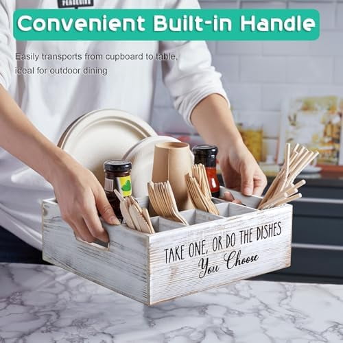 Rustic White Plate and Utensil Caddy, 6-Compartment Paper Plate and Cutlery Holder with Handles, Kitchen and Party Organizer for BBQs, Picnics, and Gatherings