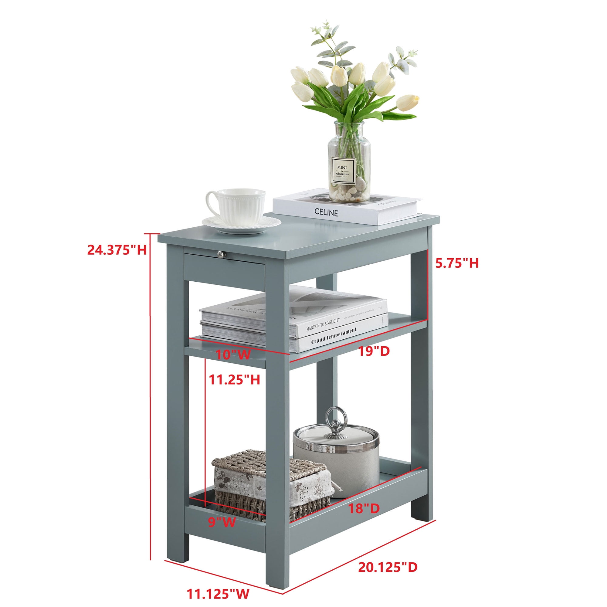 Kings Brand Furniture - Slim Wood Side End Table with Storage Shelves & Pull-Out Tray, Nightstand for Bedroom, Living Room, Ice Blue