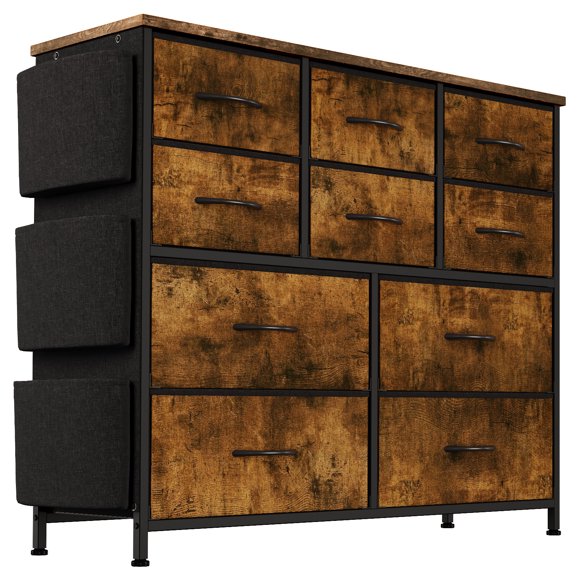Commode pour Chambre, Commode à 10 Tiroirs et Chiffonnier avec Bacs en Tissu, Poches Latérales et Cadre en Acier, Grande Tour de Rangement pour Garde-Robe, Couloir, Salon