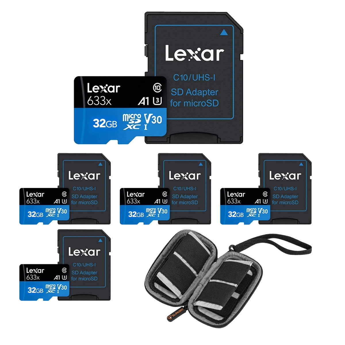 Lexar BLUE Series High-Performance 633x 32GB UHS-I microSDHC Memory Card with SD Adapter [5-Pack] With Slinger Digital Memory Card Wallet