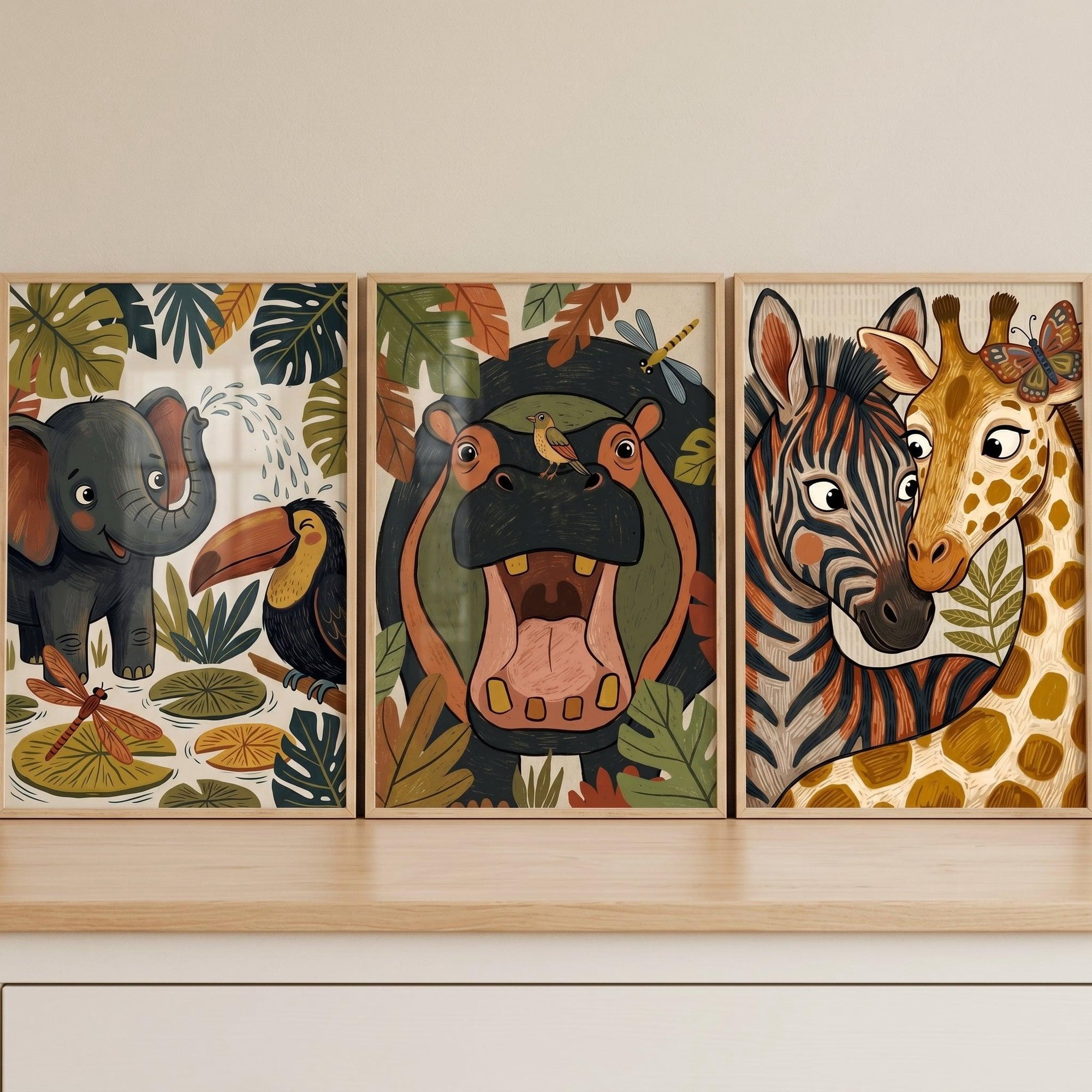 Botanical Safari Animals Jungle Wild Animal Earth Tone Floral Nursery Poster, Set 3, Poster Only