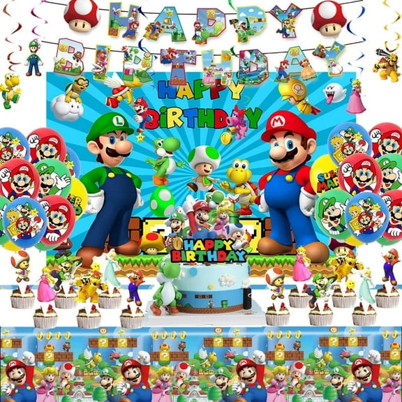 Mario Birthday Party Supplies, Party Decorations Set Include Banner, Backdrop, Balloons, Hanging Swirls, Cake Cupcake Toppers, Tablecloth for Boys Girls Mario Theme Party
