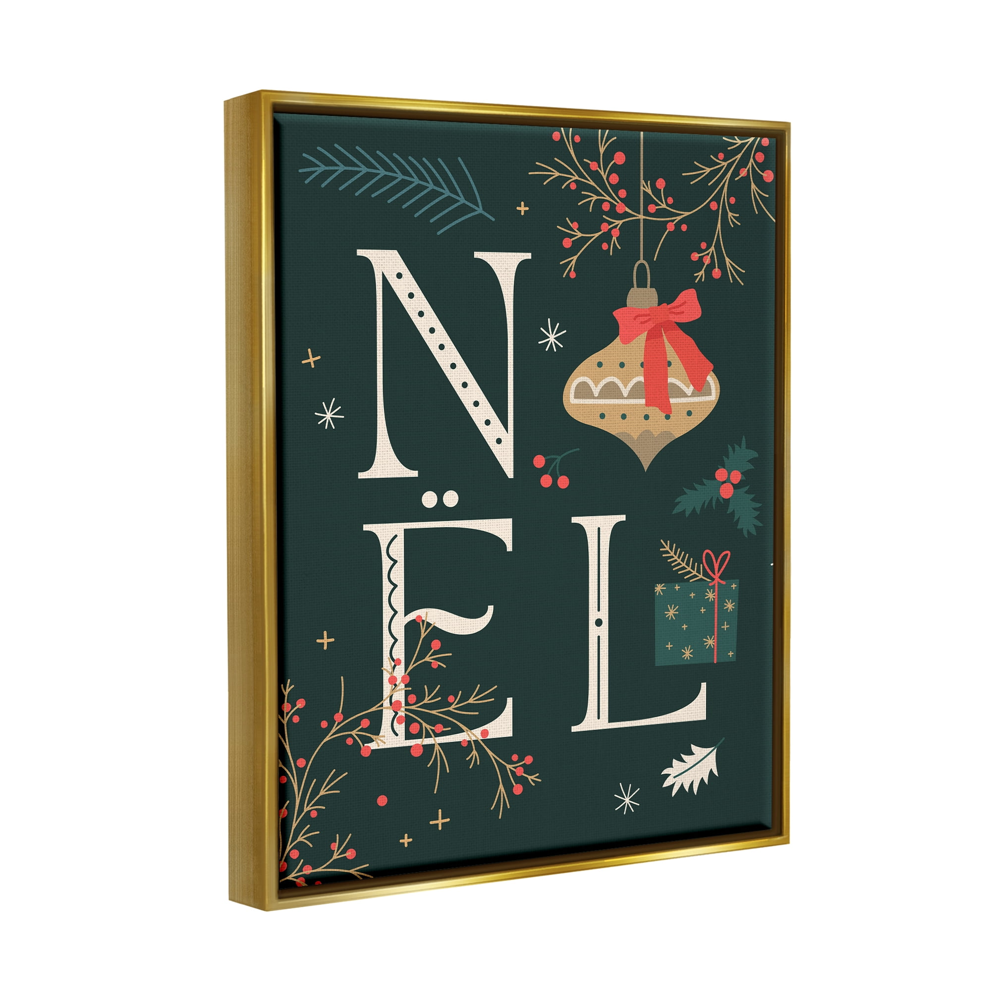 Stupell Industries Noel with Holiday Ornament Holiday Painting Gold Floater Framed Canvas Art Print Wall Art, 25 x 31