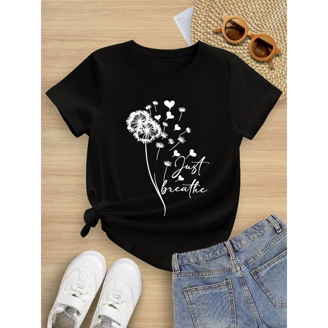 1pc Girls' Summer Dandelion Graphic T-Shirt, Casual Round Neck Knit Top, Soft Stretch Comfort Fit, Polyester Blend, Floral Pattern, Regular Fit for Kids 7-14 Years