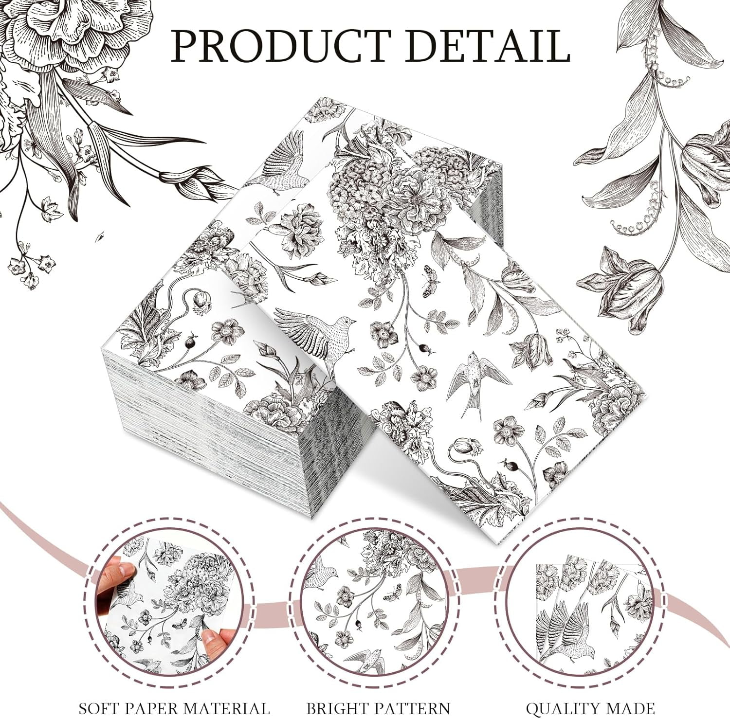 200 Pcs Floral Paper Napkins Disposable Hand Towels for Bathroom Guest Decorative Napkins for Bathroom Shower Toilet Room Holiday Wedding Bridal Tea Party(Black)