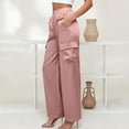 thumbnail image 6 of LEAVINGSUO Cargo Pants Women Satin Work Pants With Elastic Waistband And Button Flap Pockets Casual Trousers Pink L, 6 of 8