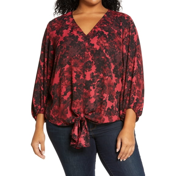 Vince Camuto Women's Floral Tie Front Top Red Size 2X